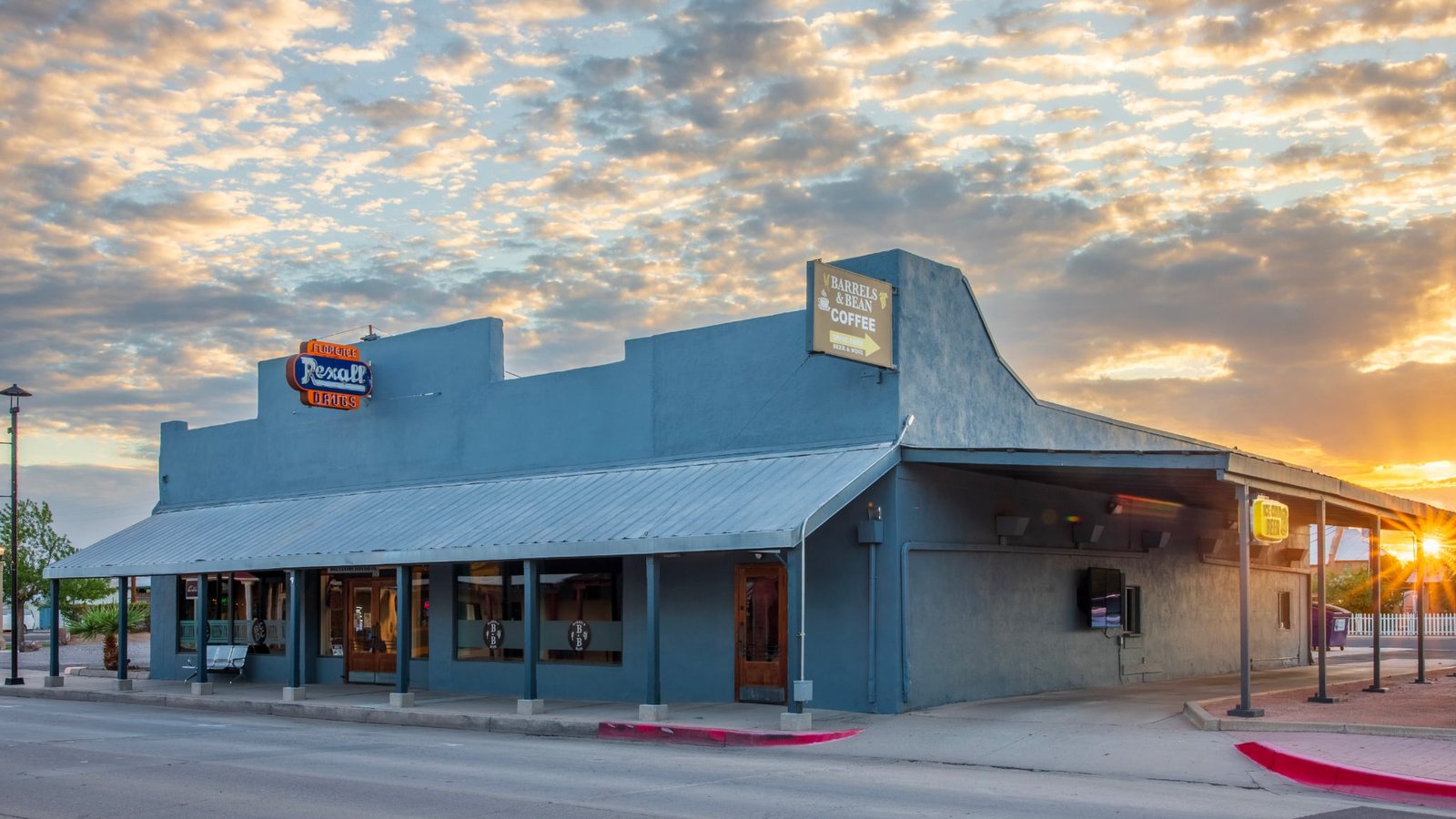 Exterior of Barrels & Bean in Florence, Arizona at sunset
