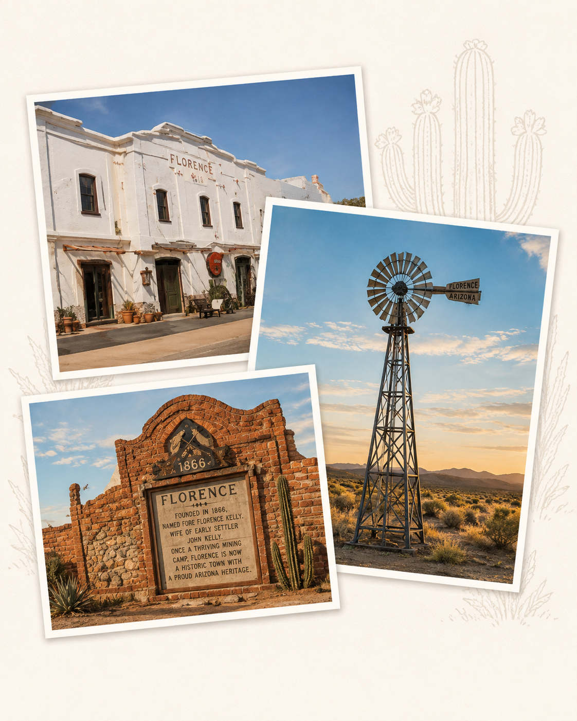 Florence, Arizona heritage collage with historic architecture, a Florence landmark and Arizona desert sky